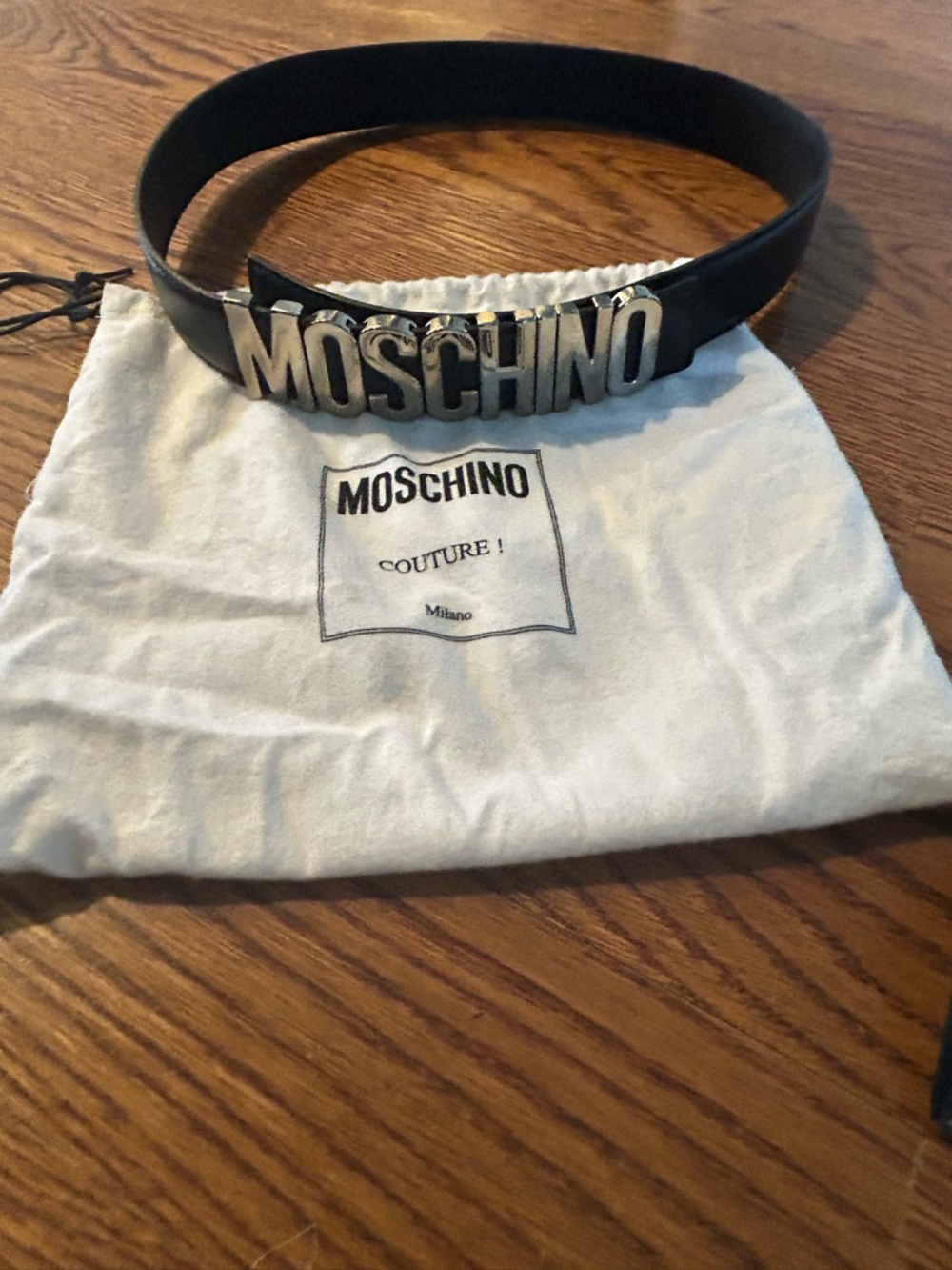 MOSCHINO authentic Black Leather Logo Belt- Size 40